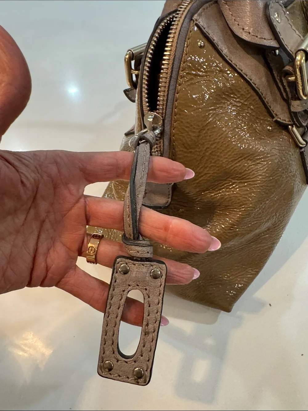 Chloe Olive and Taupe Patent Leather Satchel